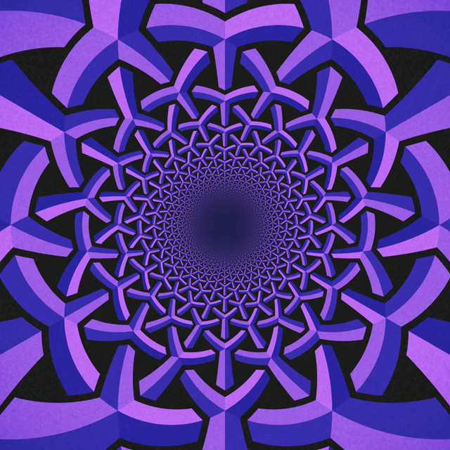 A vertically scrolling circular pattern that gets infinitely fine as it approaches the sketch center. The pattern is made of sharply shaded interwoven straight branches.